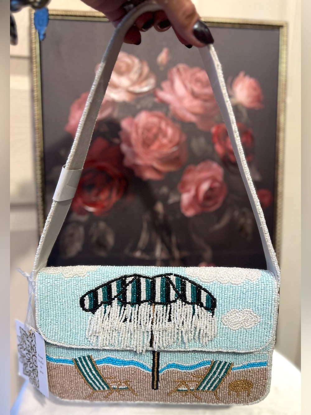 🏖️ MADE IN INDIA, beaded beach scene w/fringed umbrella shoulder bag-NWT 🏖️